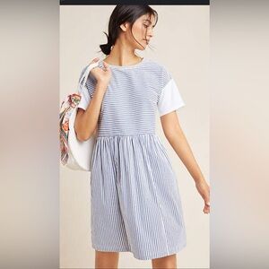 ANTHROPOLOGIE Sunday Striped Blue White Gray S/s Seersucker Dress Sz S